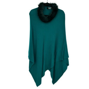 Womens Poncho 100% Himalayan Pashmina Wool Green Fur Collar Asymmetrical Boho
